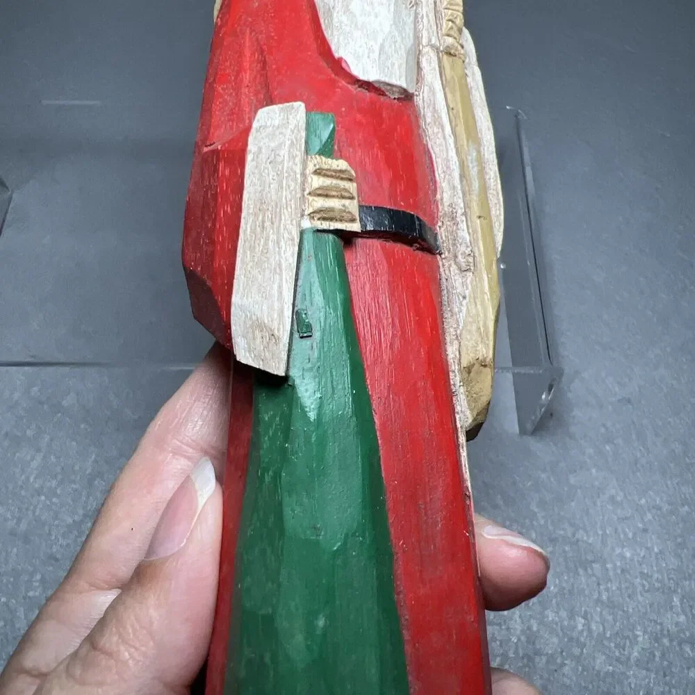 Rustic Hand-Carved & Hand-Painted Santa Wooden Tall Slim Figurine Green Red 8
